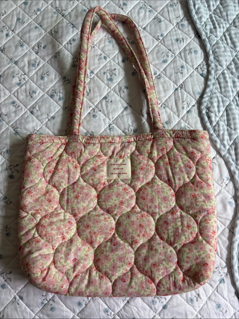 Quilted Floral Tote Bag in Pink and Green